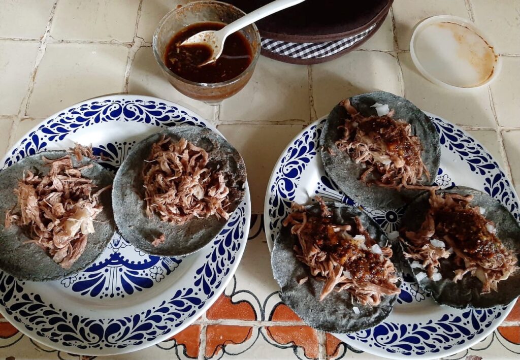 Barbacoa tacos with chile rayado salsa