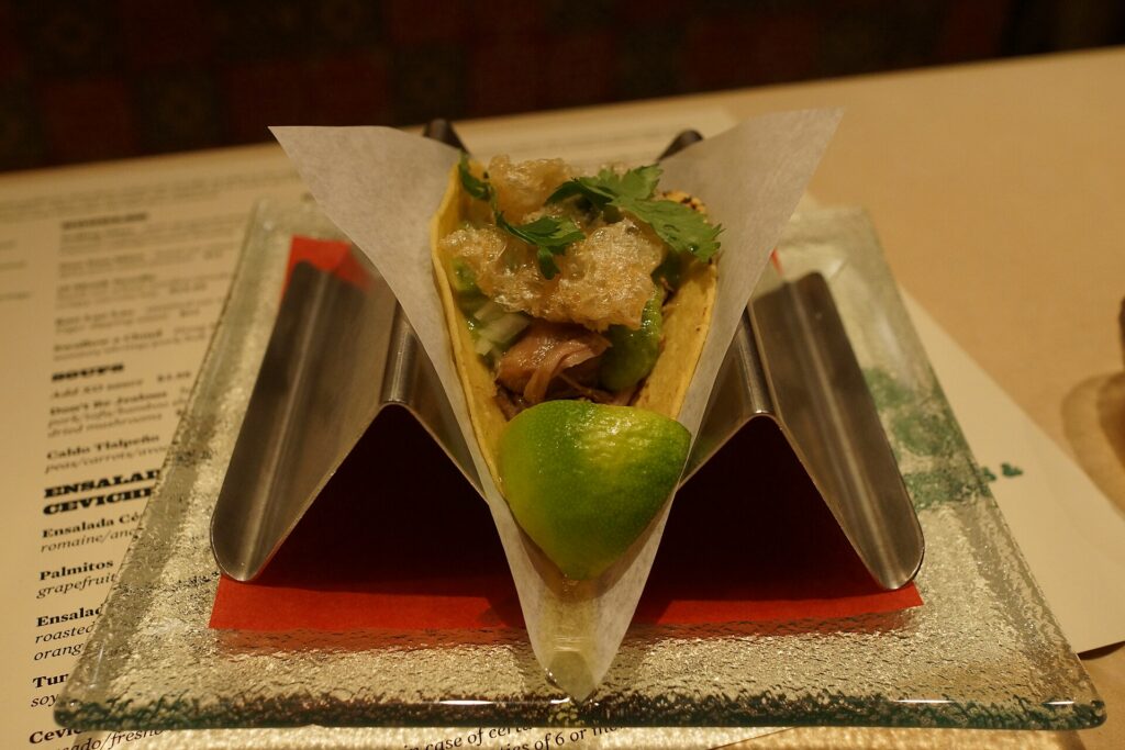 Carnitas taco on a small plate